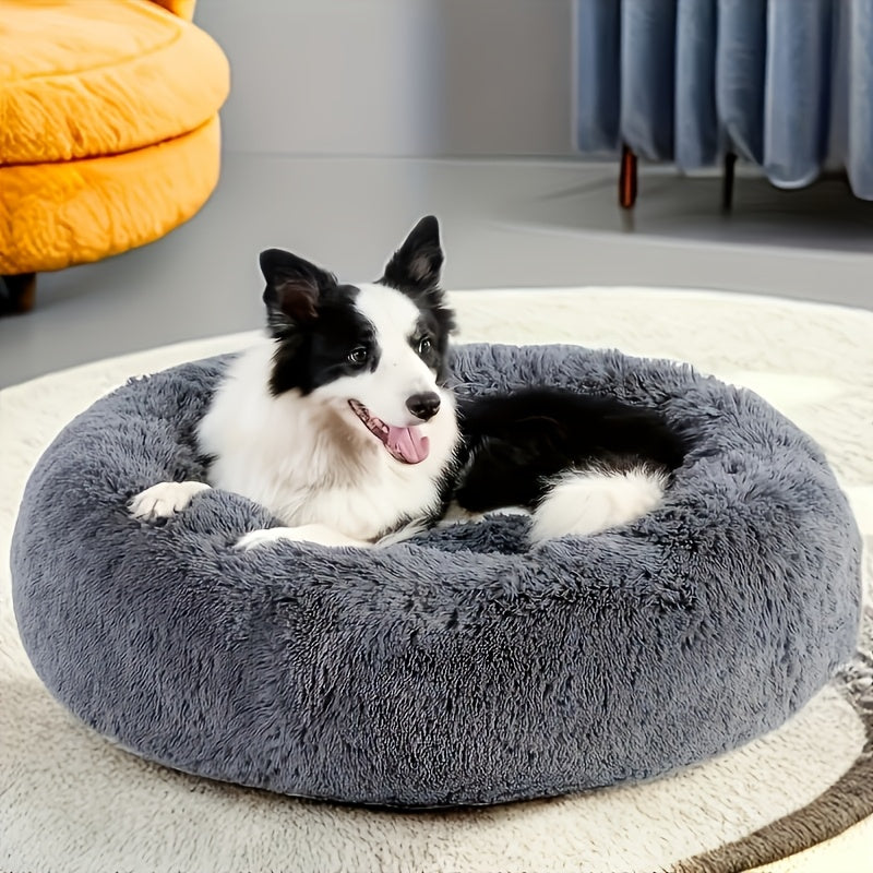 Plush Round Pet Bed - Warm Velvet Non-Slip Donut Bed
