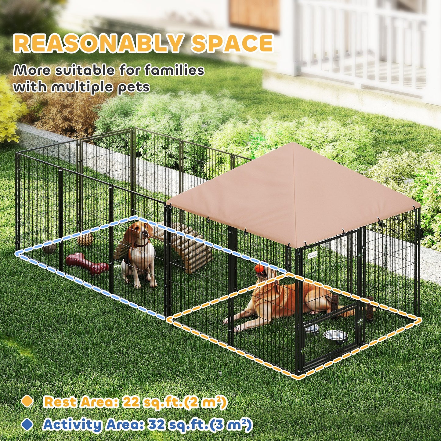 Large Outdoor Dog Kennel with Adjustable Bowls and Canopy