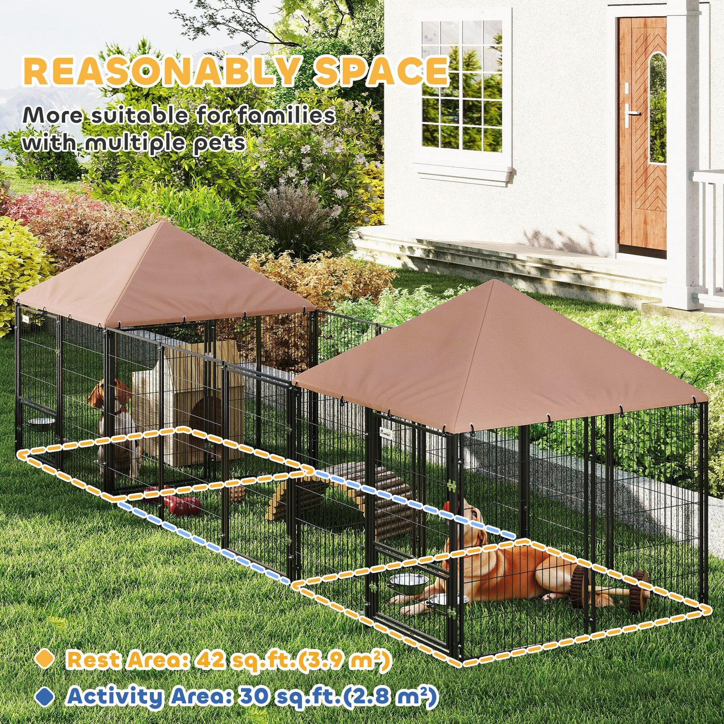 Spacious Outdoor Dog Kennel with Two Rooms and Canopy