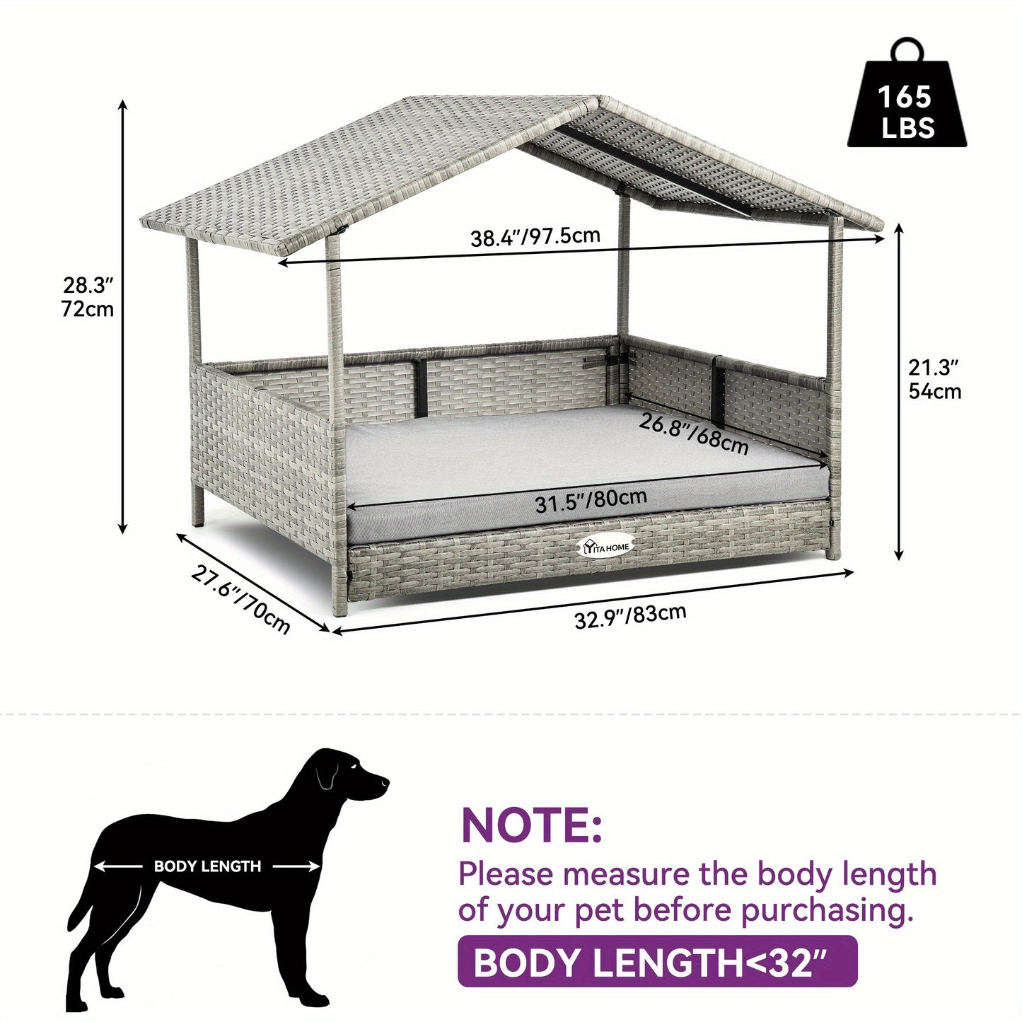 Large Wicker Dog House with Cushion Outdoor Indoor Rattan