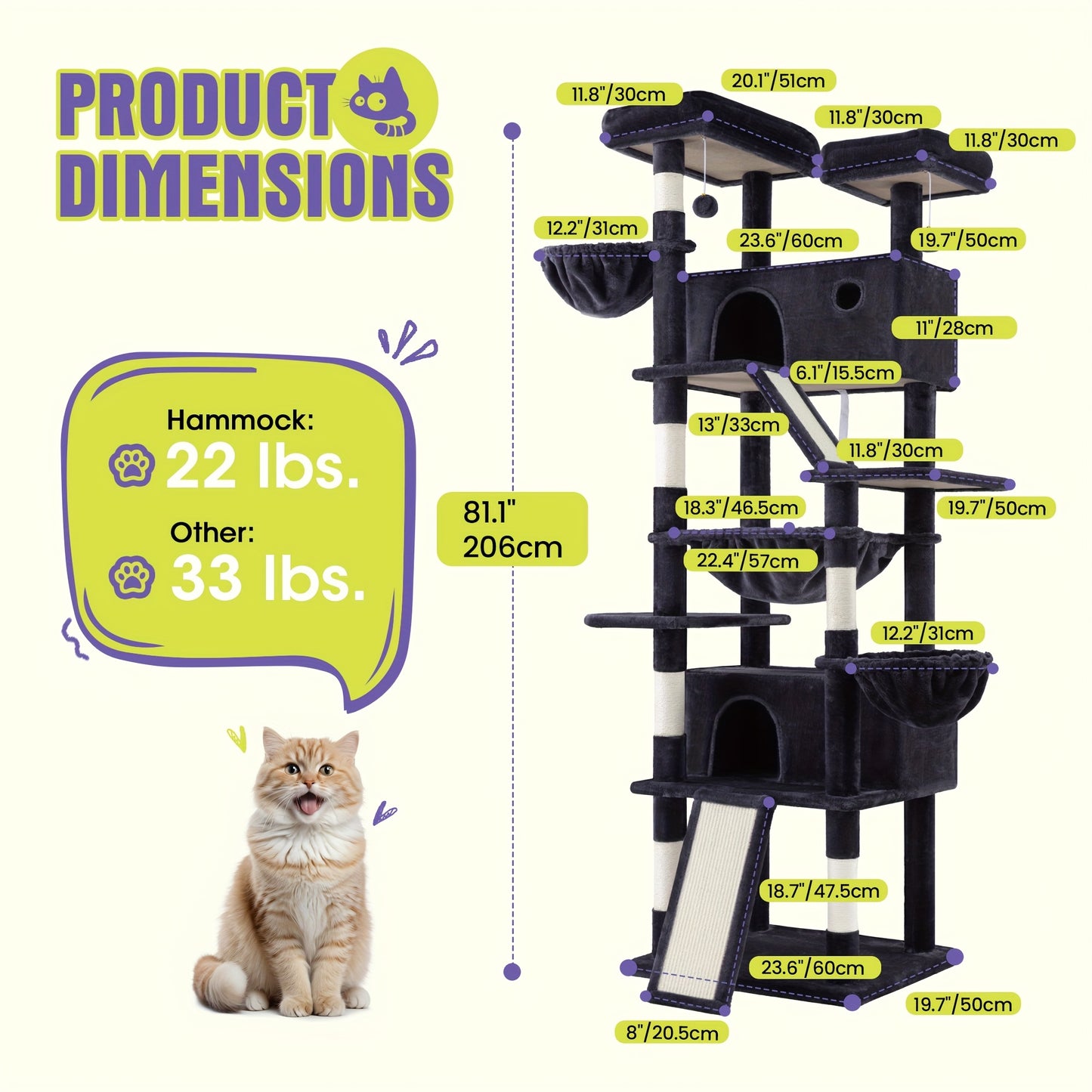 WEWAY Multi-Level Cat Tree Tower with Scratching Posts and Hammock