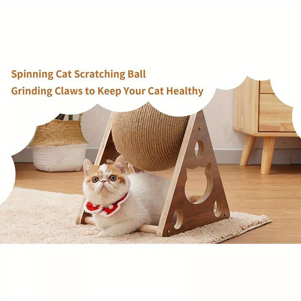Cat Scratching Ball Toy Natural Sisal Rope & Solid Wood Frame