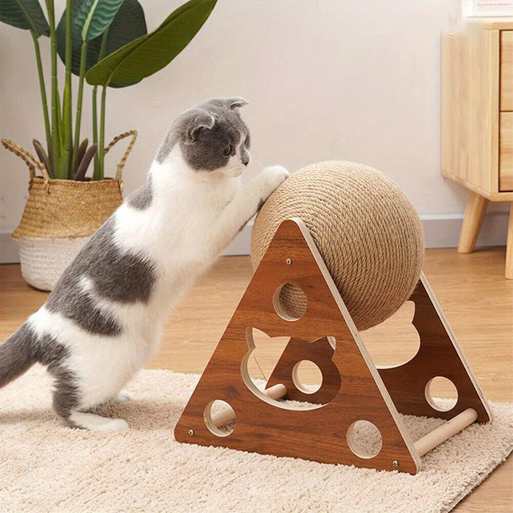 Cat Scratching Ball Toy Natural Sisal Rope & Solid Wood Frame