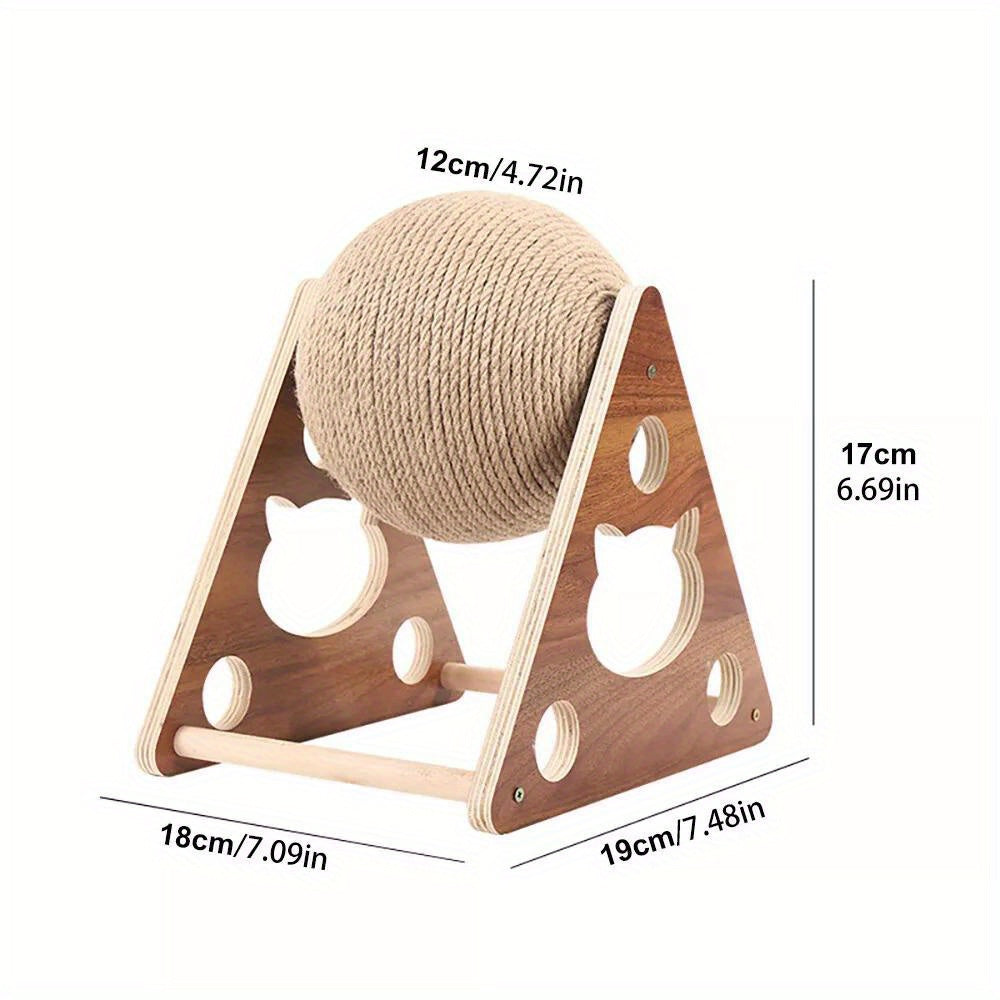 Cat Scratching Ball Toy Natural Sisal Rope & Solid Wood Frame