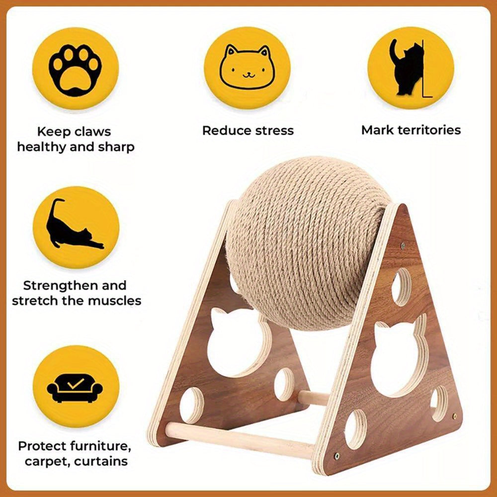 Cat Scratching Ball Toy Natural Sisal Rope & Solid Wood Frame