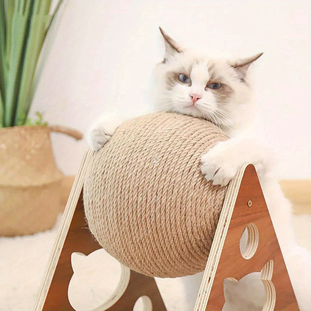 Cat Scratching Ball Toy Natural Sisal Rope & Solid Wood Frame