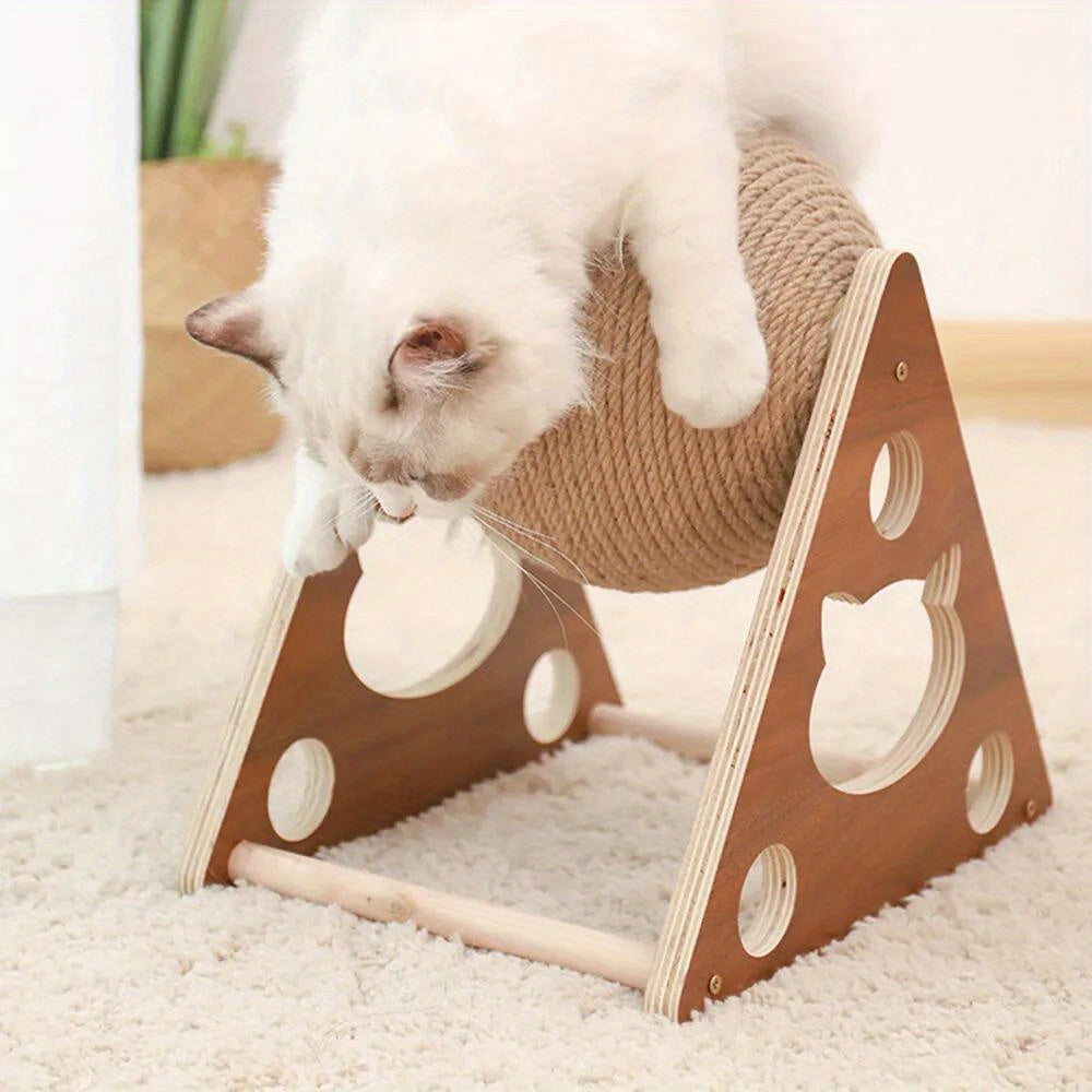 Cat Scratching Ball Toy Natural Sisal Rope & Solid Wood Frame