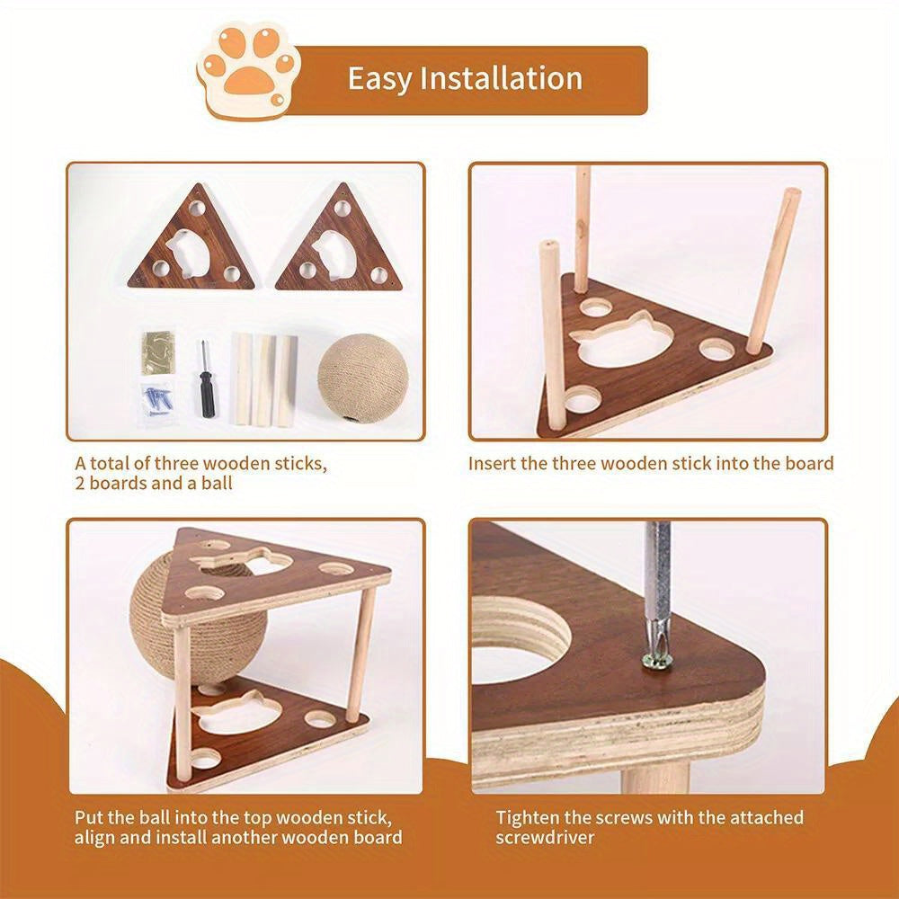 Cat Scratching Ball Toy Natural Sisal Rope & Solid Wood Frame