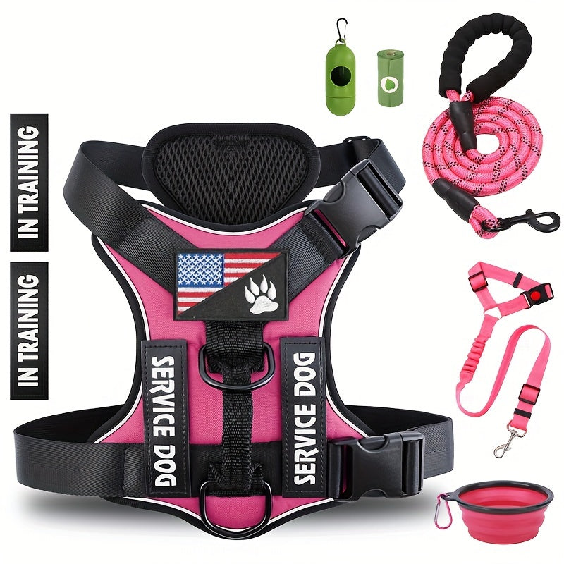 Adjustable Dog Harness Set With Patches Leash And Accessories