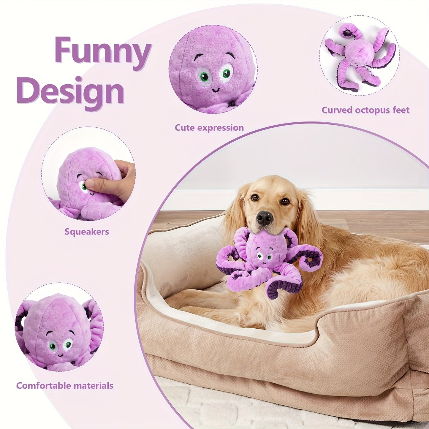Durable Interactive Squeaky Plush Octopus Dog Toy Chew Resistant