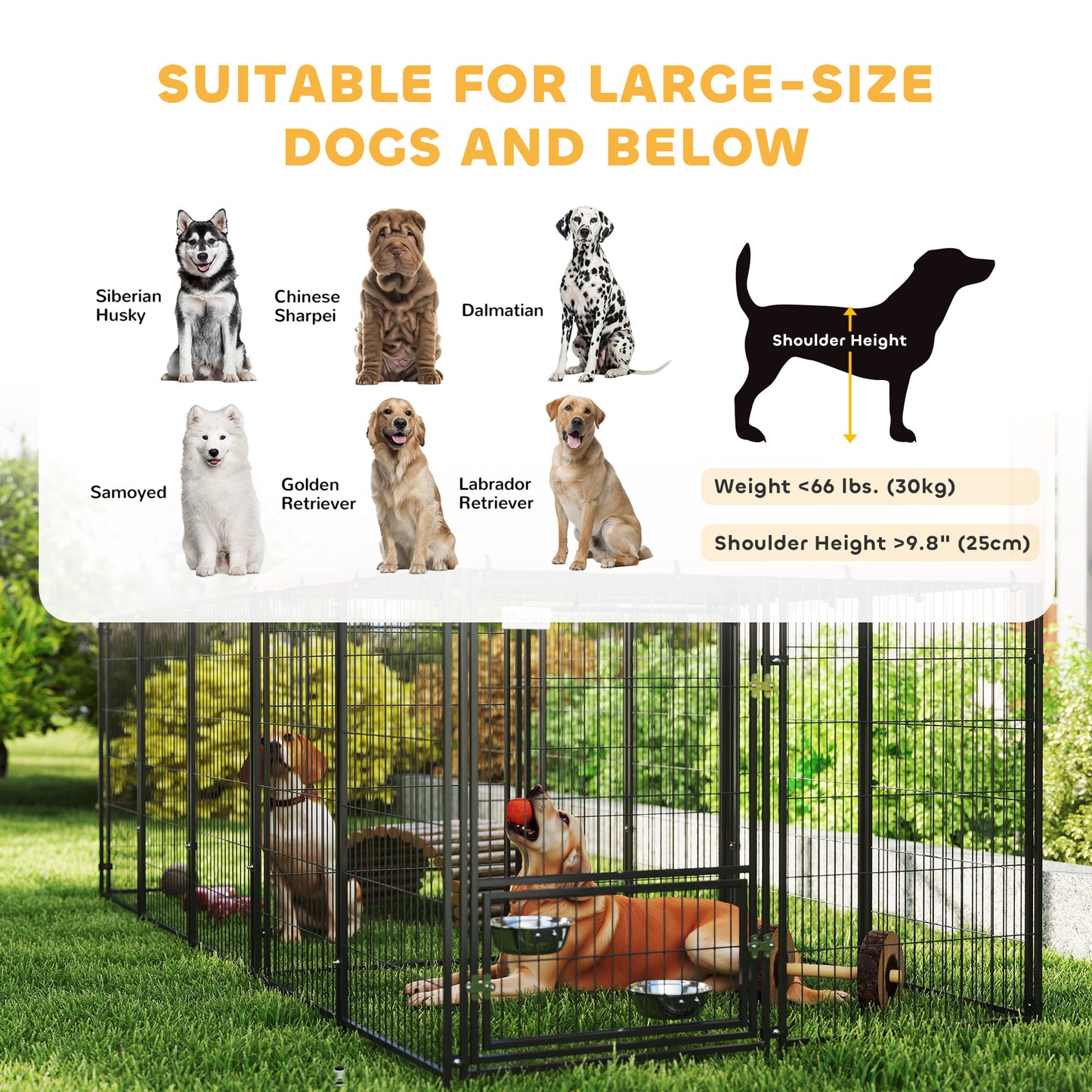 Large Outdoor Dog Kennel with Adjustable Bowls and Canopy