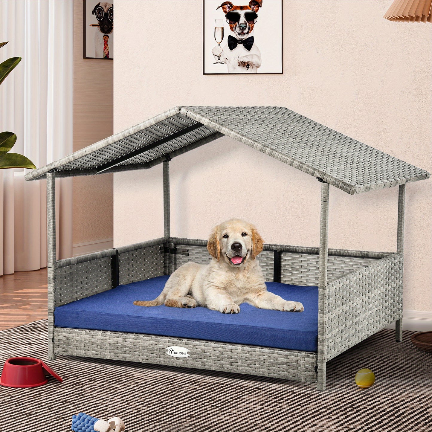 Large Wicker Dog House with Cushion Outdoor Indoor Rattan