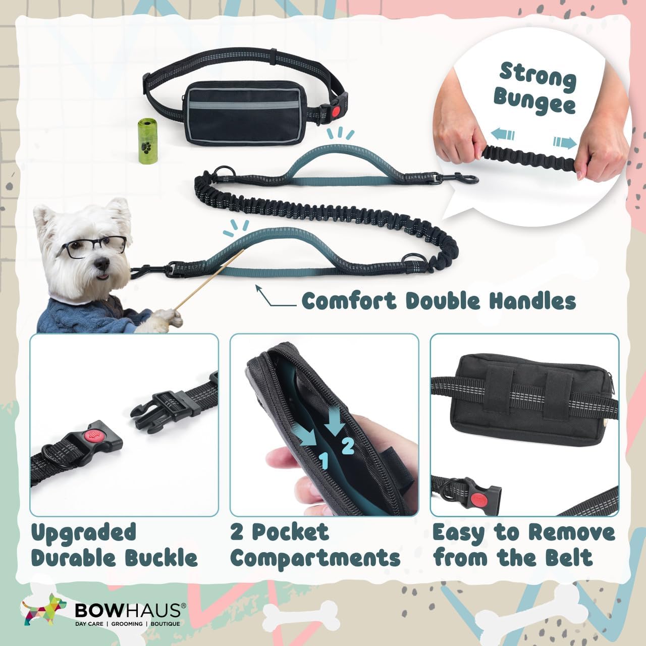 CAPHAUS Hands Free Dog Leash with Zipper Pouch and Bungee