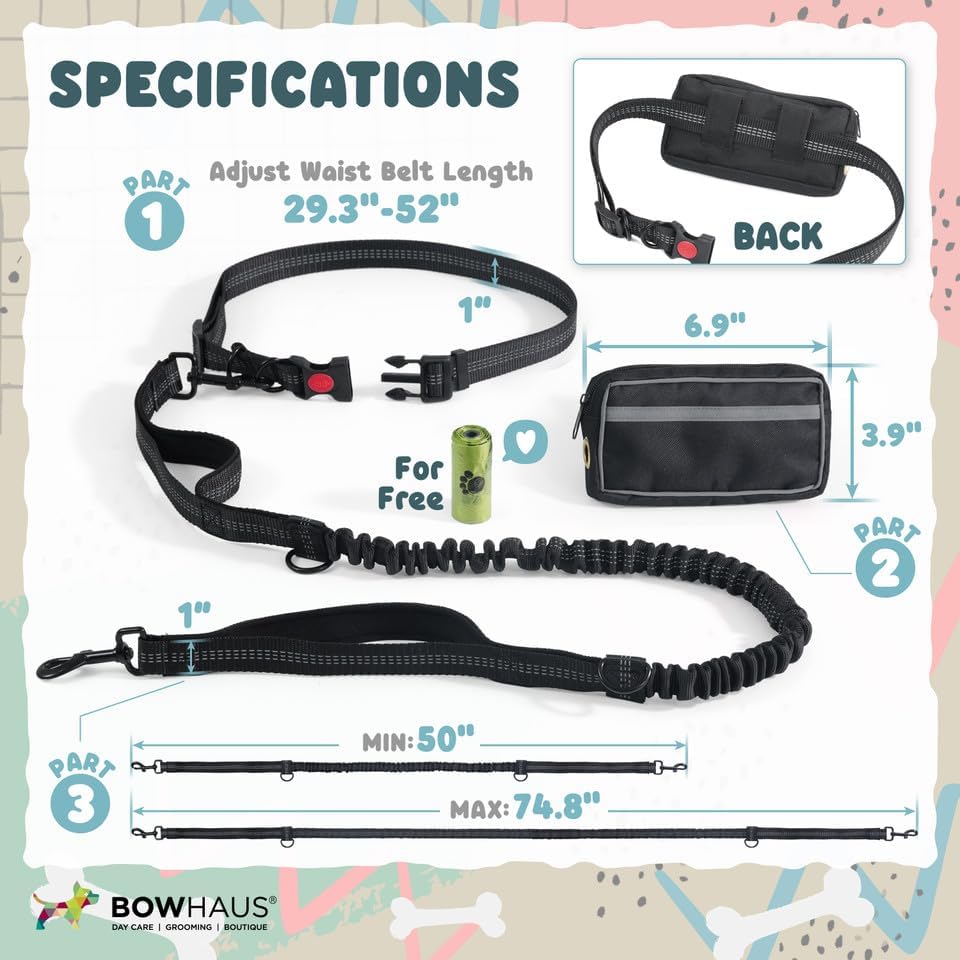 CAPHAUS Hands Free Dog Leash with Zipper Pouch and Bungee