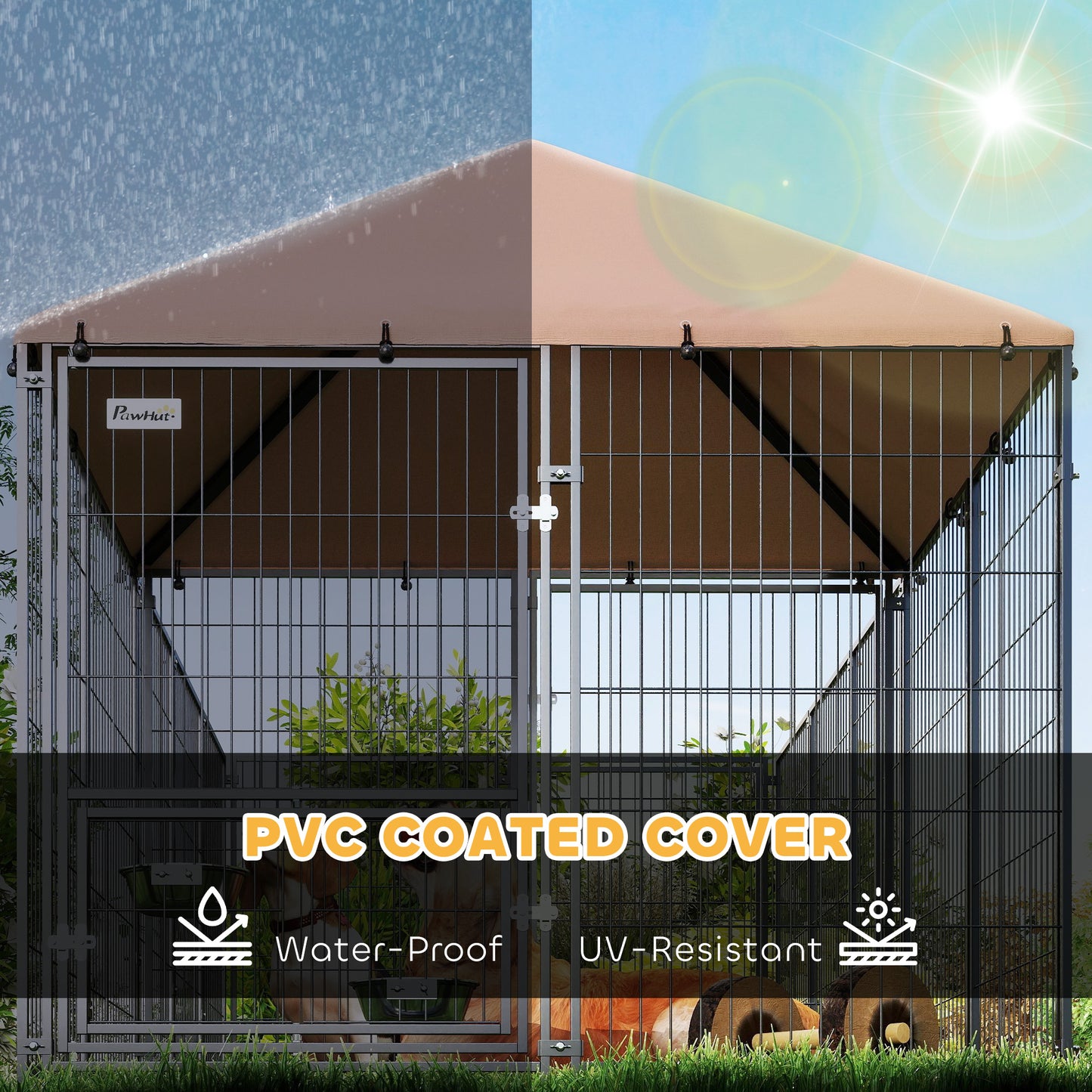 Large Outdoor Dog Kennel with Adjustable Bowls and Canopy