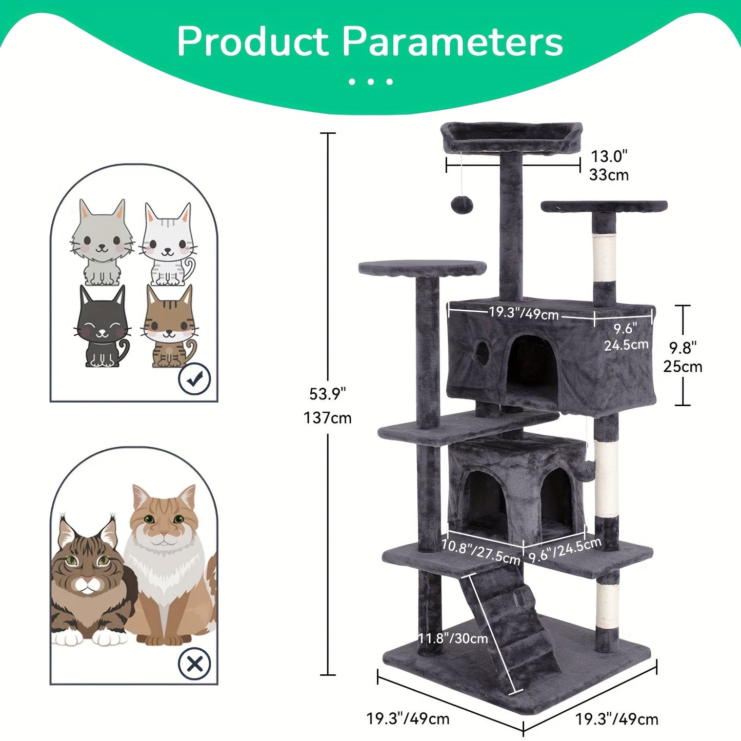 Multi-Level Cat Tree Tower 54/70 Durable Plywood Space Saving