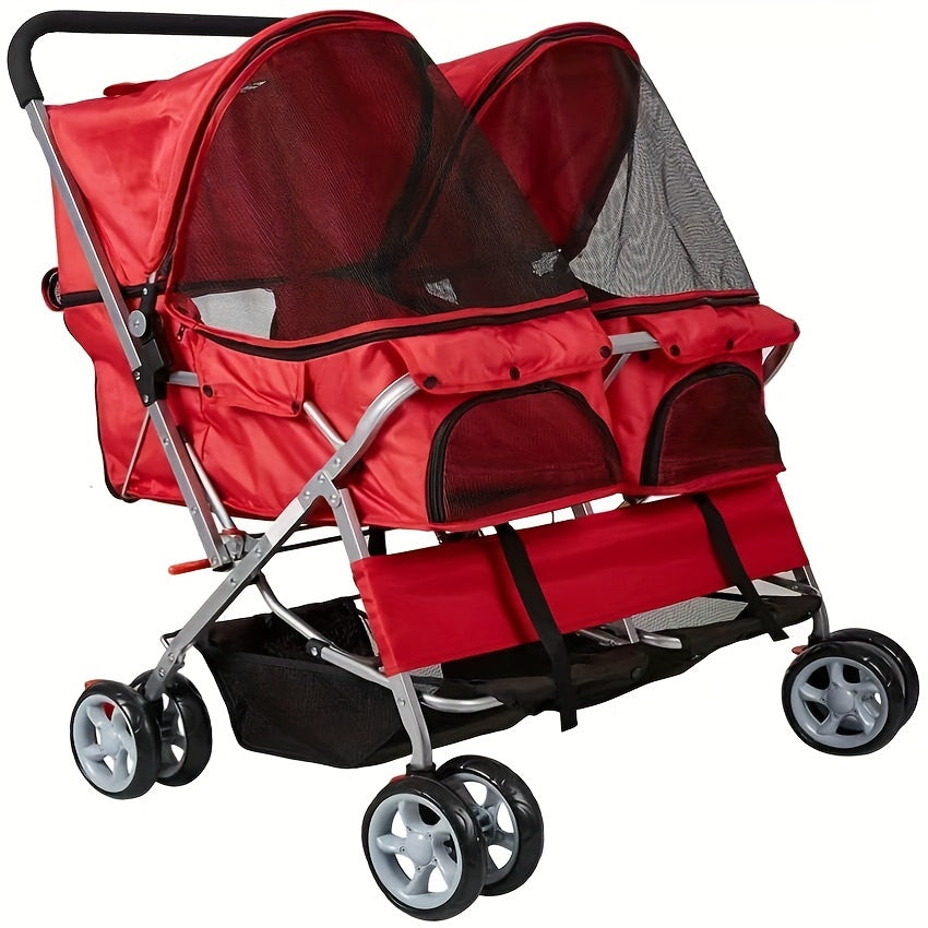 Folding 4-Wheel Double Pet Stroller - Twin Carrier Pushchair
