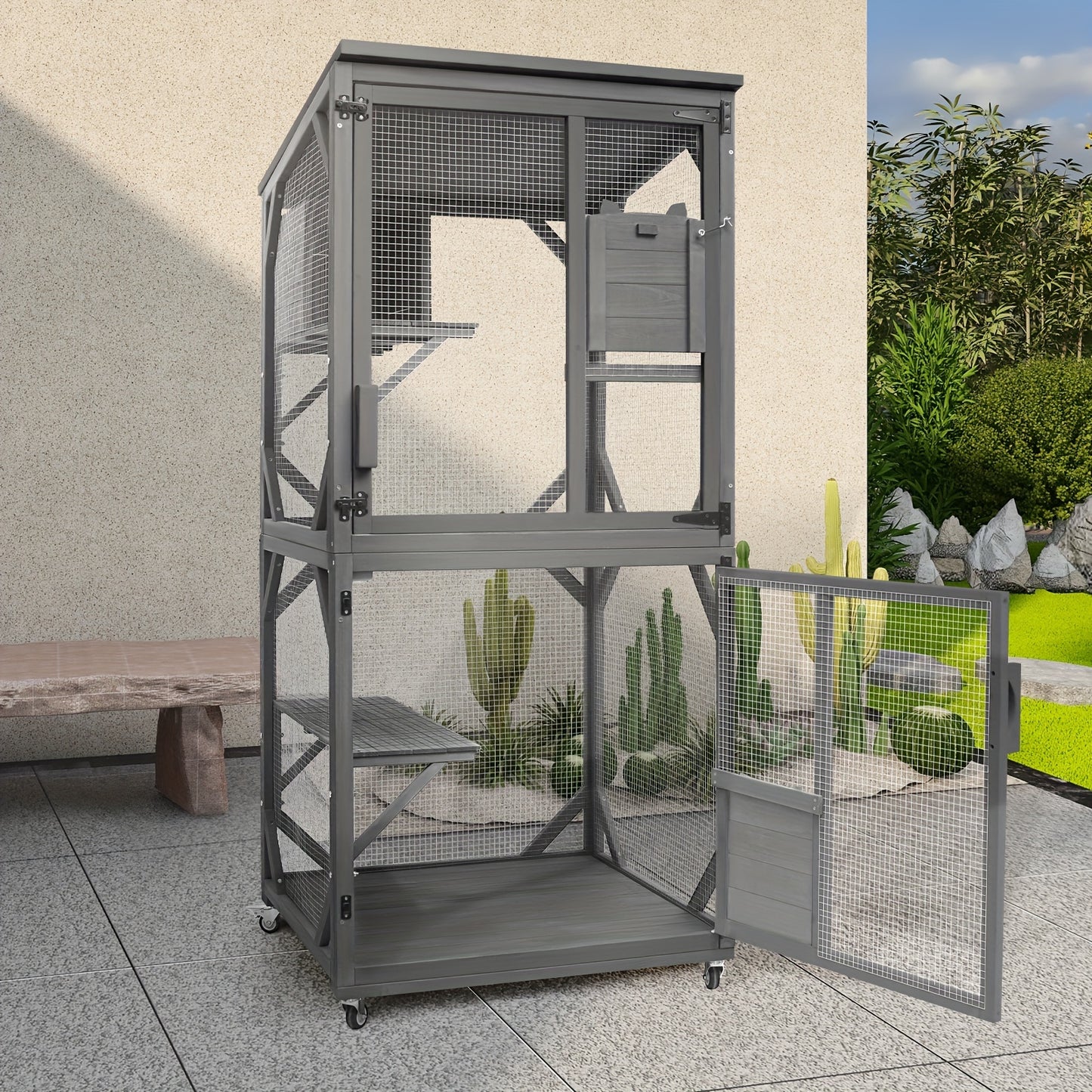 Large Wooden Cat Catio Outdoor Enclosure with Upgraded Resting Box
