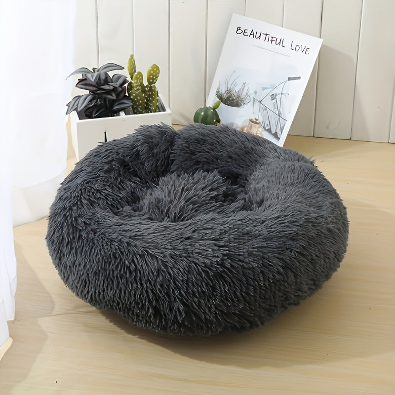 Plush Round Pet Bed - Warm Velvet Non-Slip Donut Bed