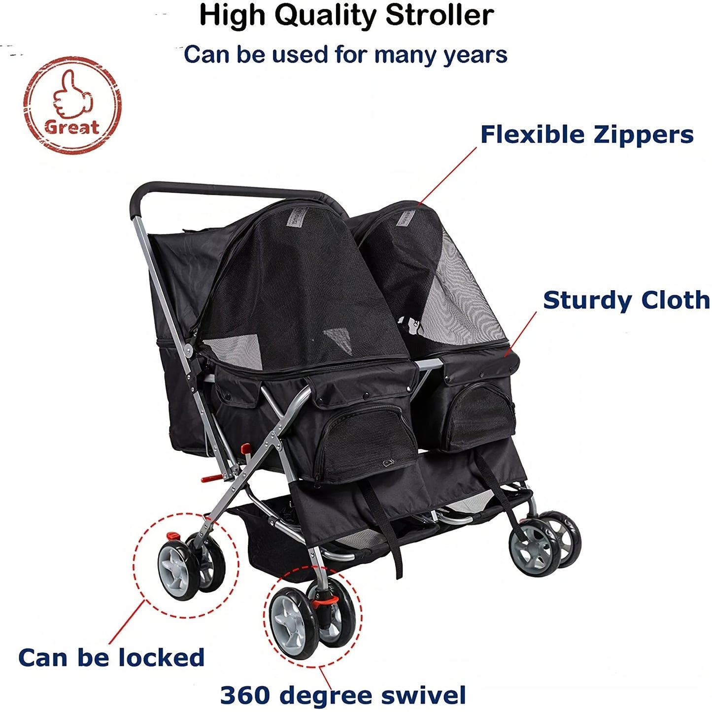 Folding 4-Wheel Double Pet Stroller - Twin Carrier Pushchair