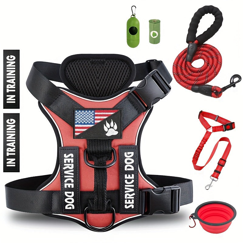 Adjustable Dog Harness Set With Patches Leash And Accessories