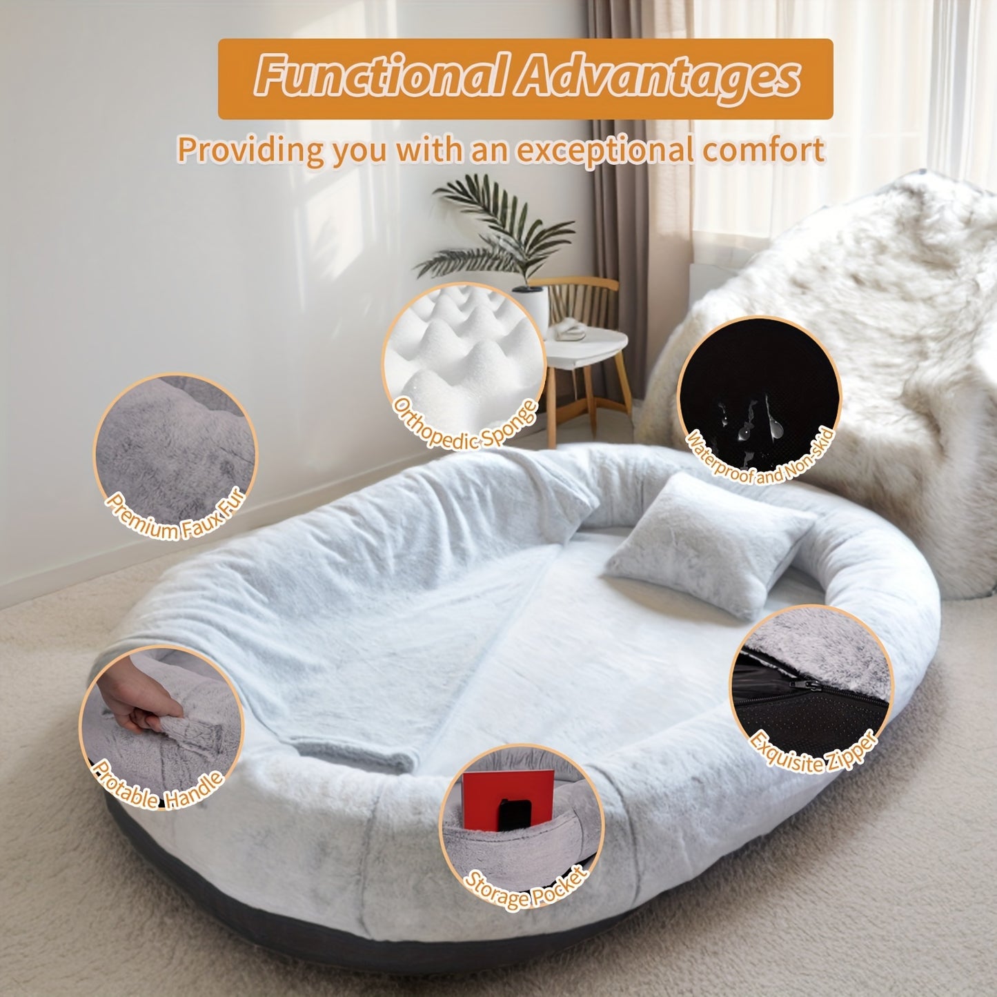 Cozy Human-Sized Dog Bed For All Breeds 71x45 Faux Fur Orthopedic Nap Bed
