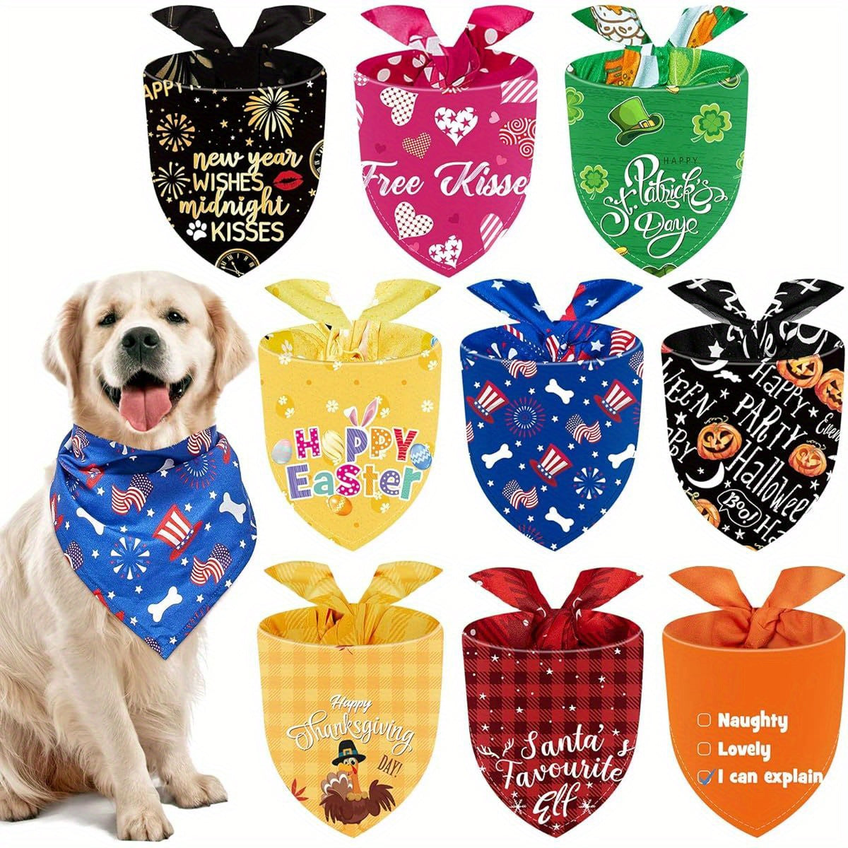 Adjustable Patriotic Holiday Bandanas for Large Dogs 9pcs Set