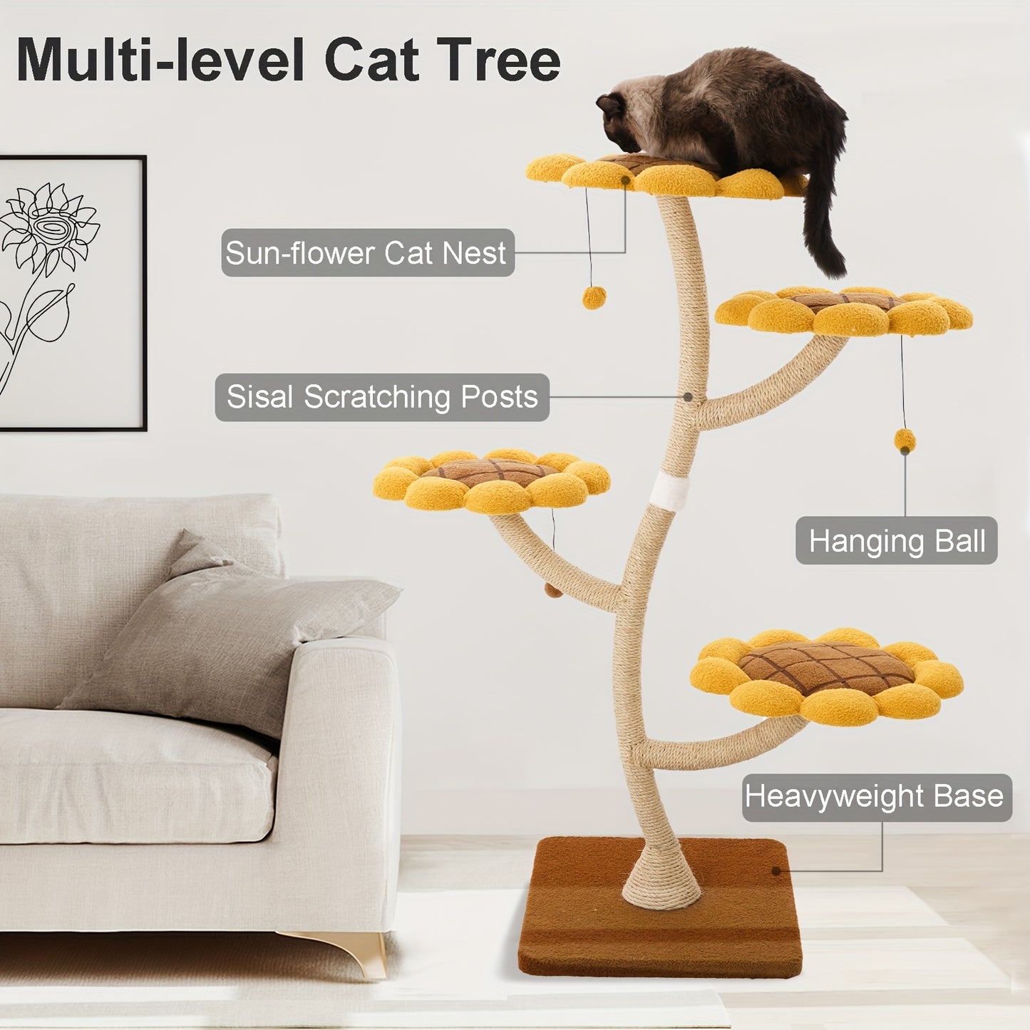 55.9" Tall Sunflower Cat Tower for Large Cats and Play