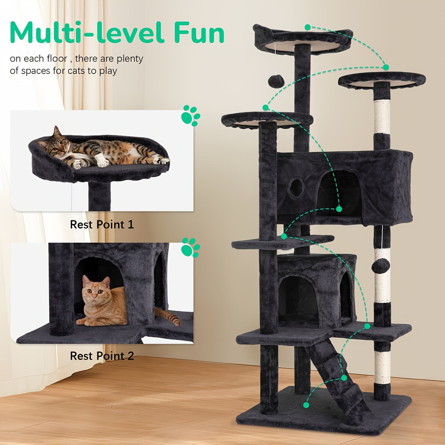 Multi-Level Cat Tree Tower 54/70 Durable Plywood Space Saving