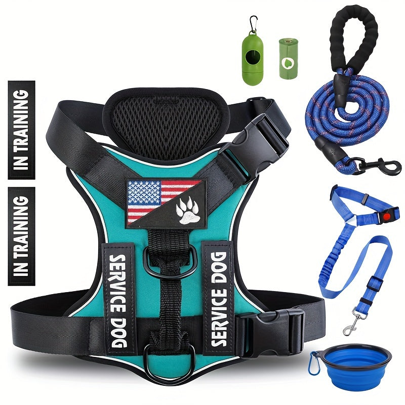 Adjustable Dog Harness Set With Patches Leash And Accessories