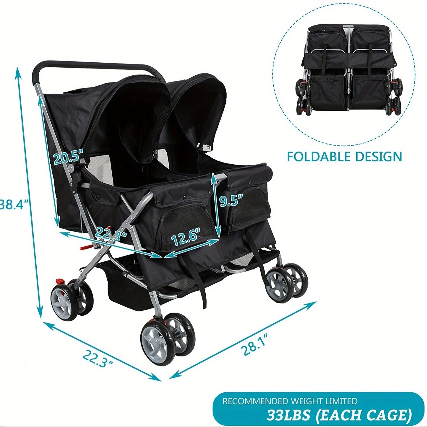Folding 4-Wheel Double Pet Stroller - Twin Carrier Pushchair
