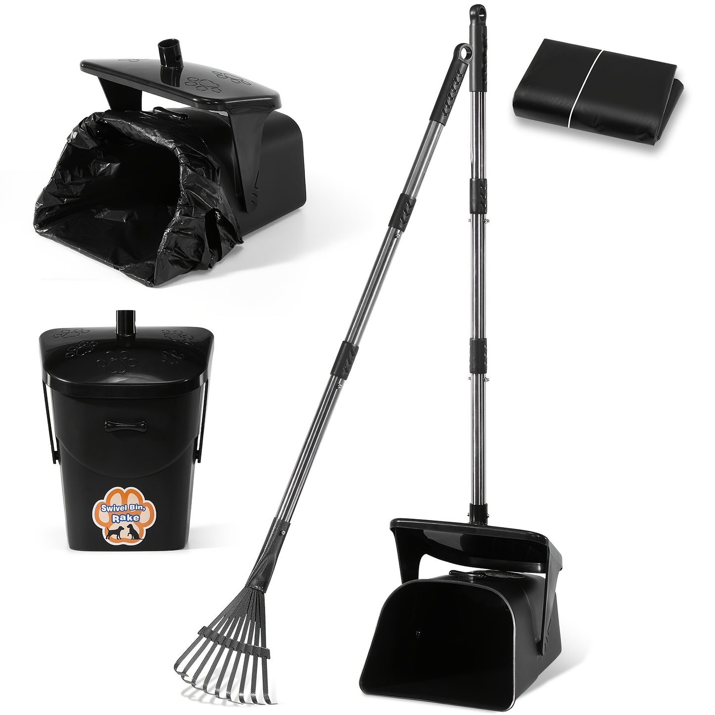 Rotating Dog Poop Picker Kit with Rake and Waste Bags
