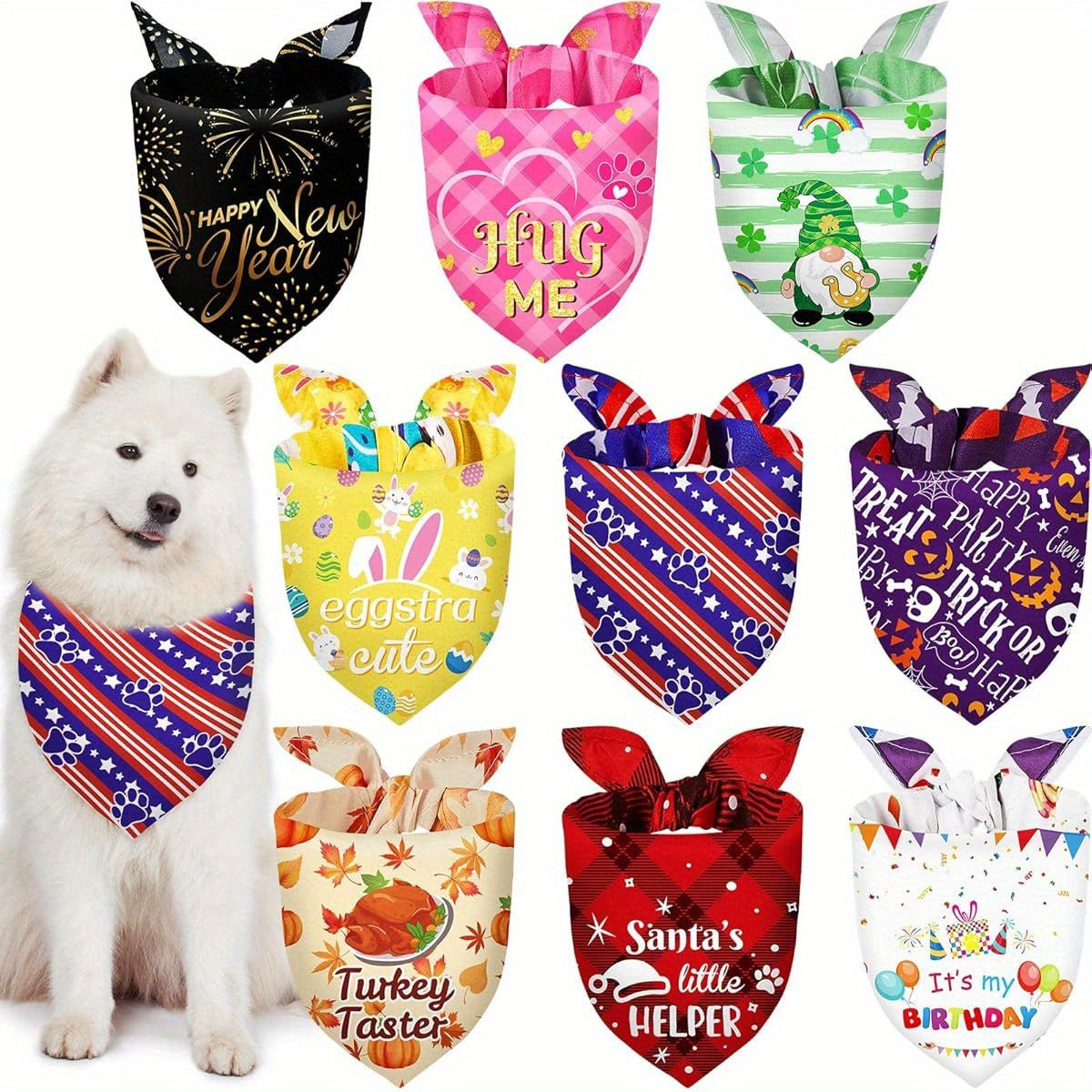 Adjustable Patriotic Holiday Bandanas for Large Dogs 9pcs Set