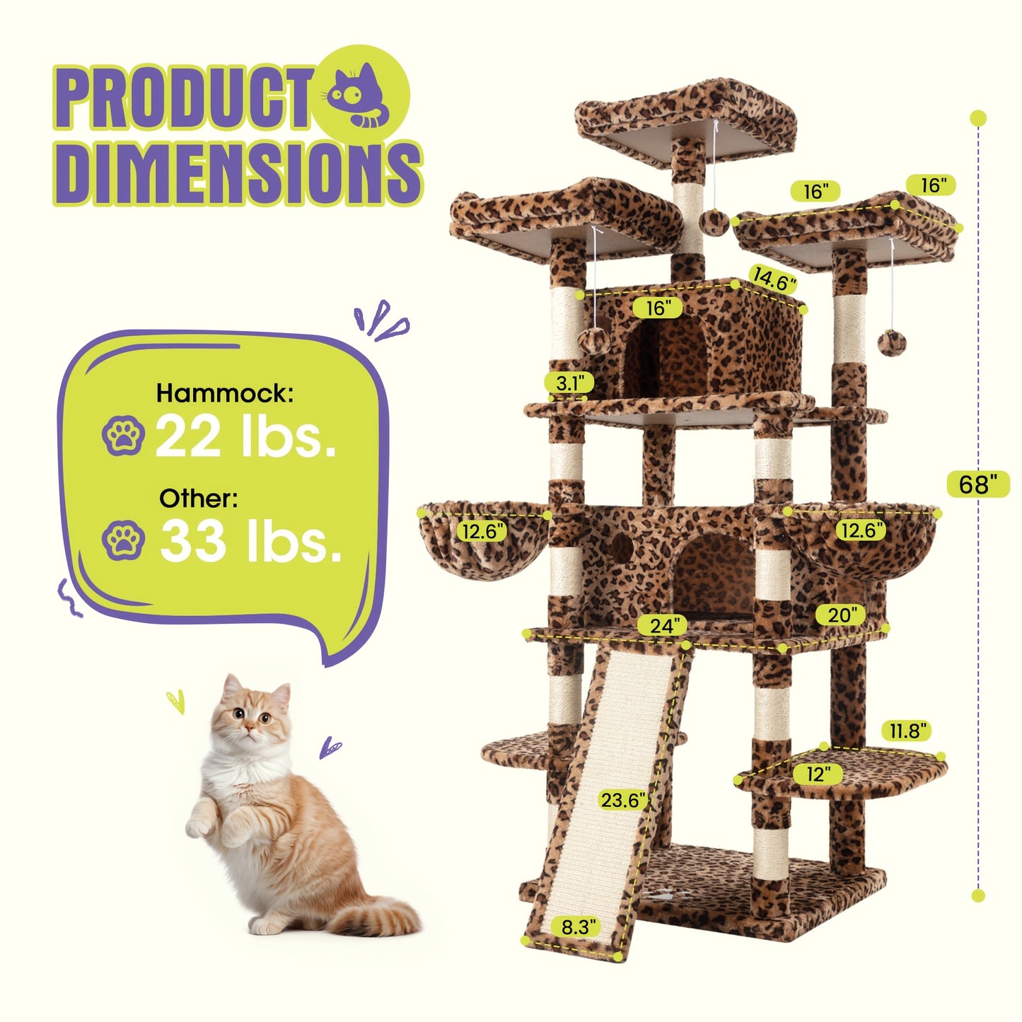 WEWAY Multi-Level Cat Tree Tower with Scratching Posts and Hammock