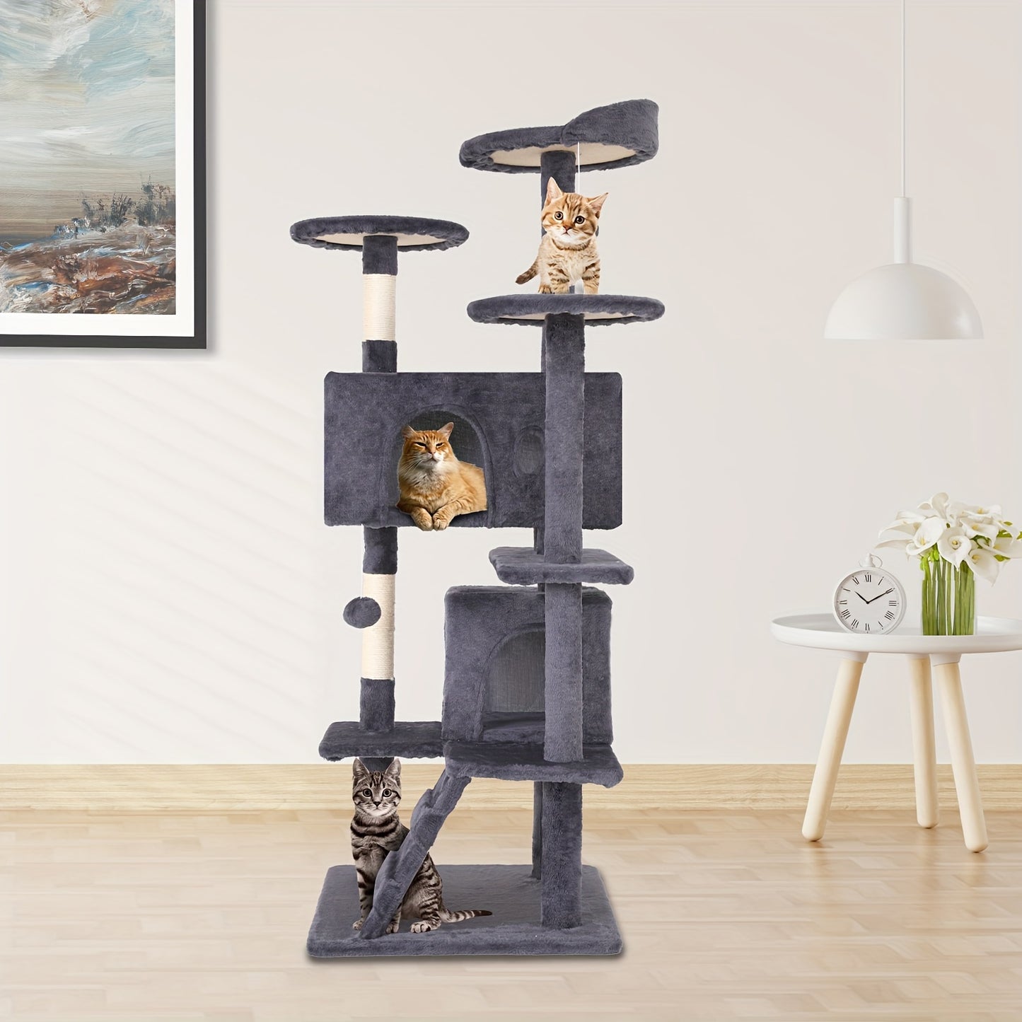 Multi-Level Cat Tree Tower 54/70 Durable Plywood Space Saving