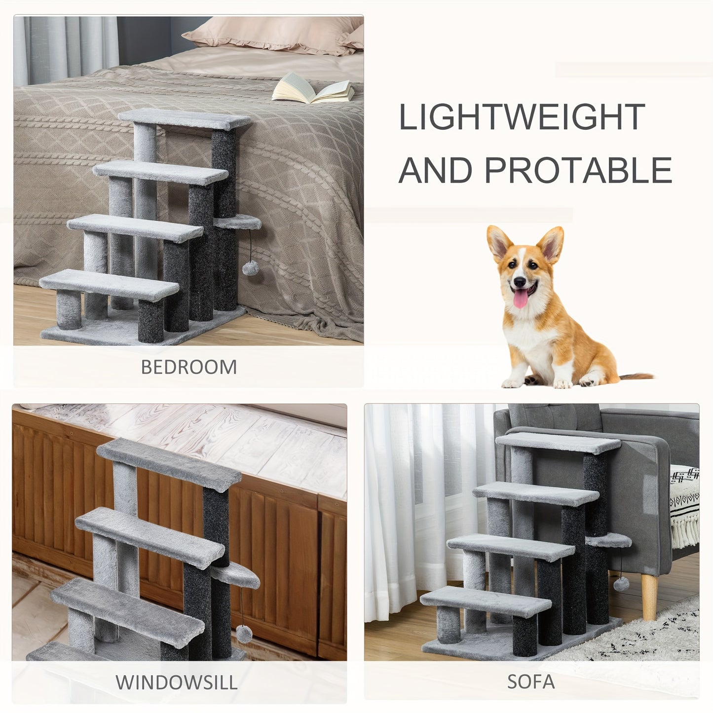 PawHut 4-Level Cat Stair Ladder With Play Ball Light Grey
