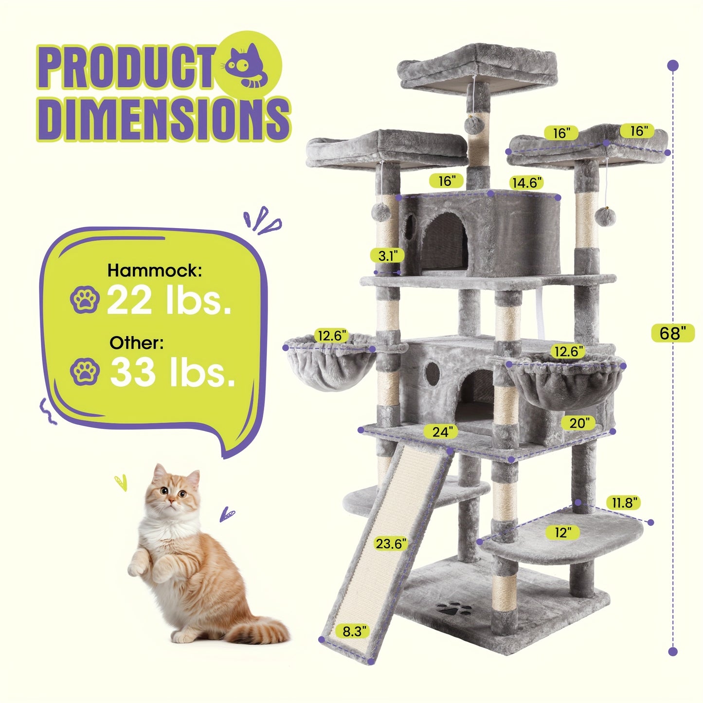 WEWAY Multi-Level Cat Tree Tower with Scratching Posts and Hammock