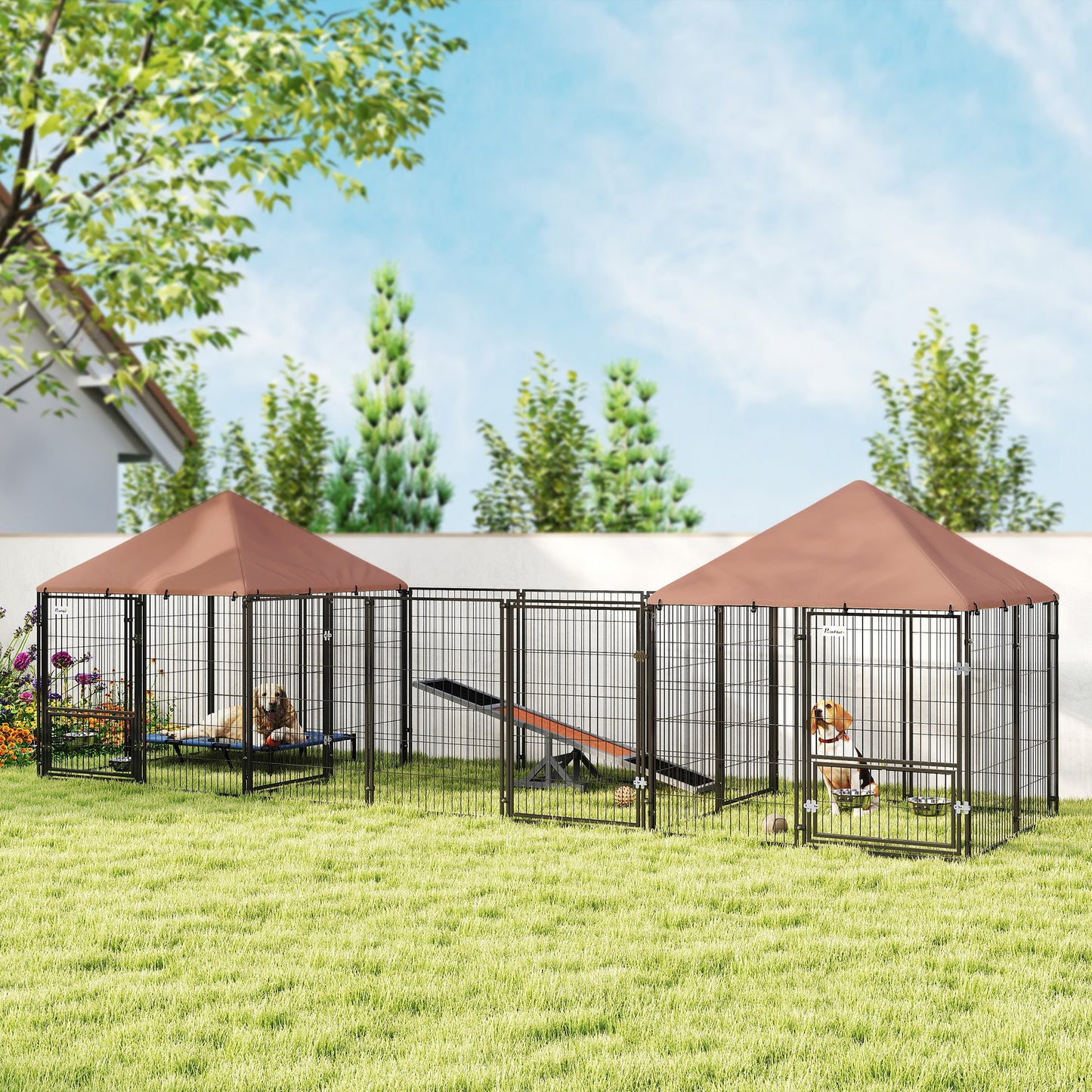 Spacious Outdoor Dog Kennel with Two Rooms and Canopy