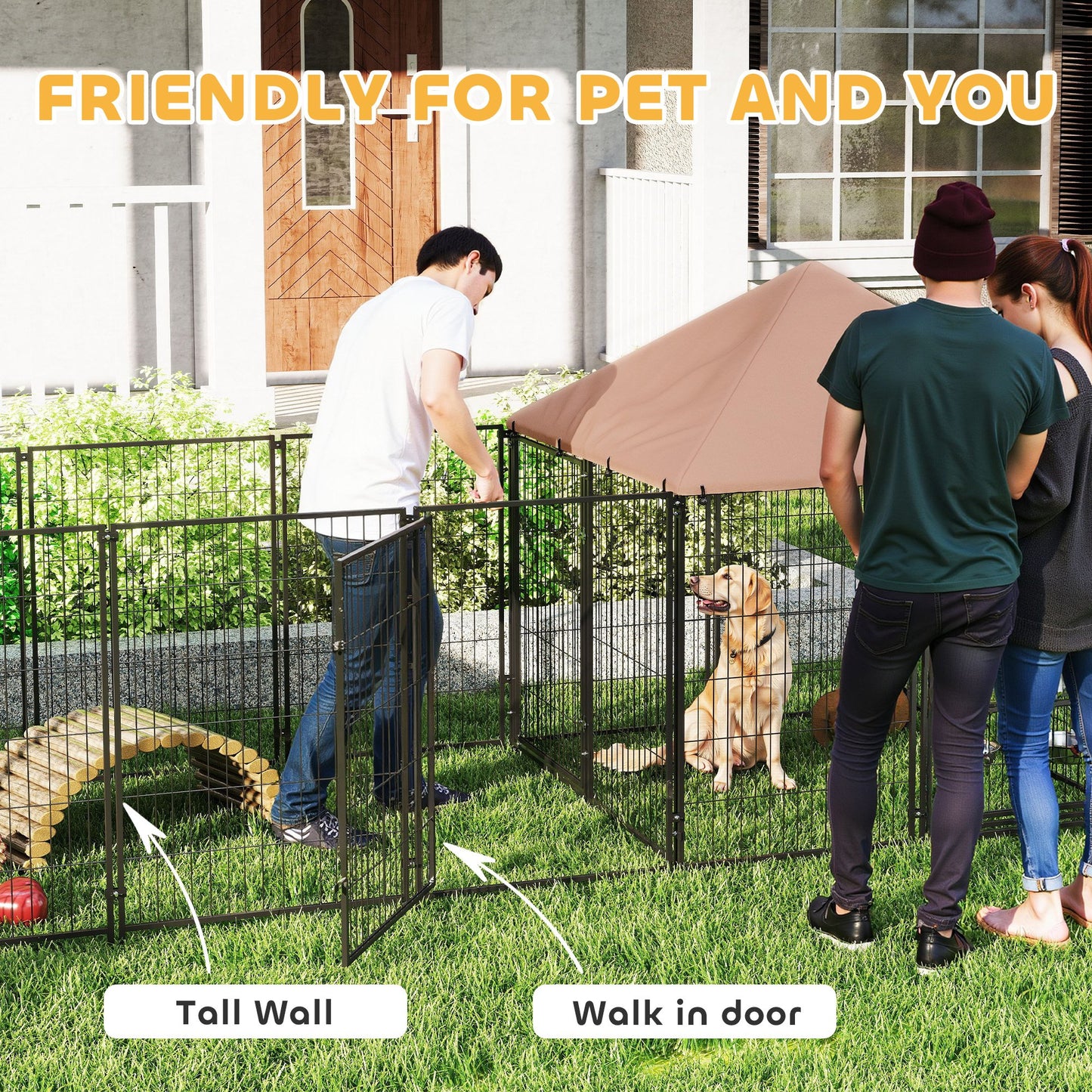 Large Outdoor Dog Kennel with Adjustable Bowls and Canopy