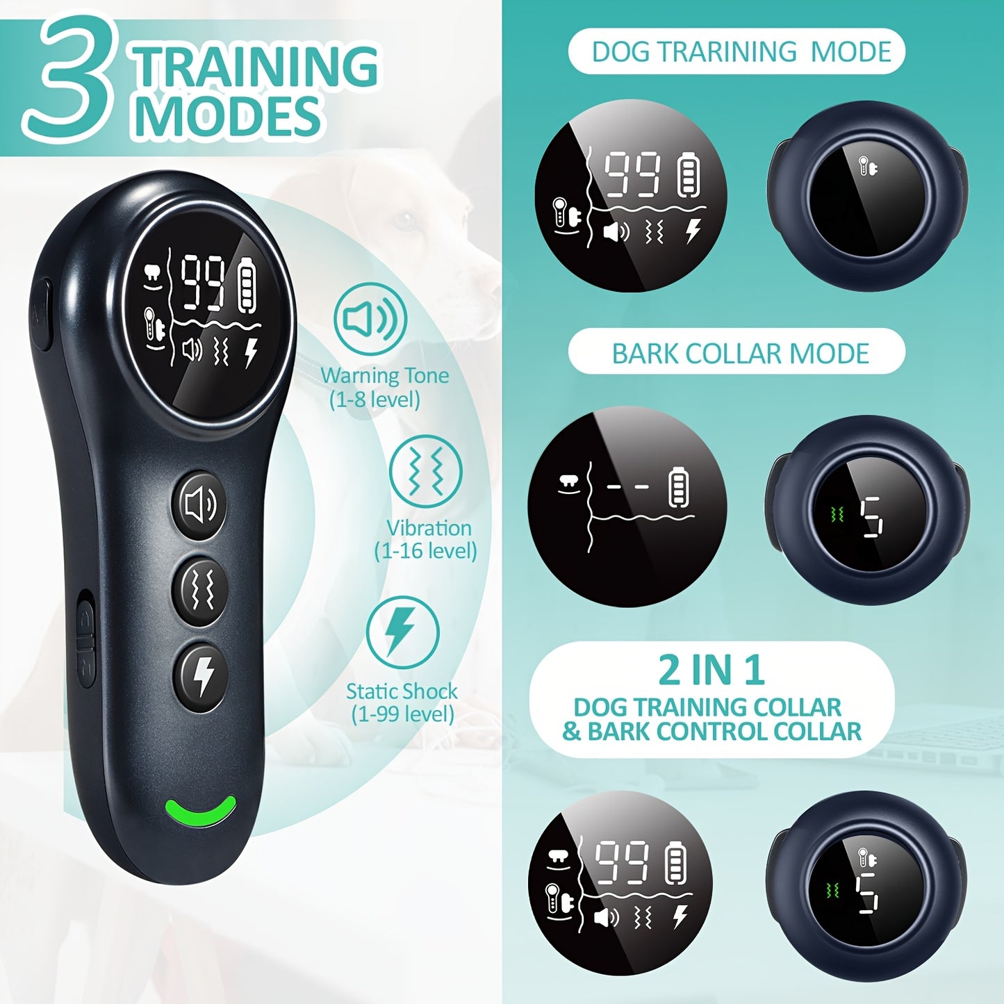 2-in-1 Dog Shock Collar & Dog Bark Collar With Remote