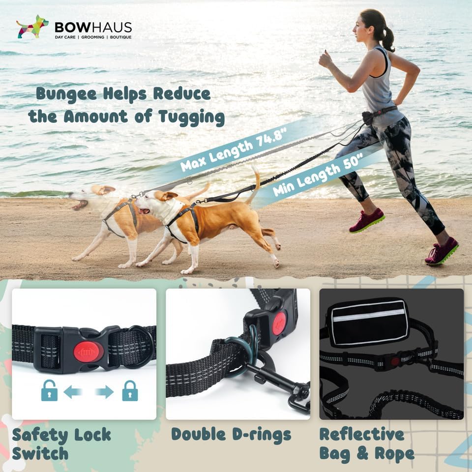 CAPHAUS Hands Free Dog Leash with Zipper Pouch and Bungee