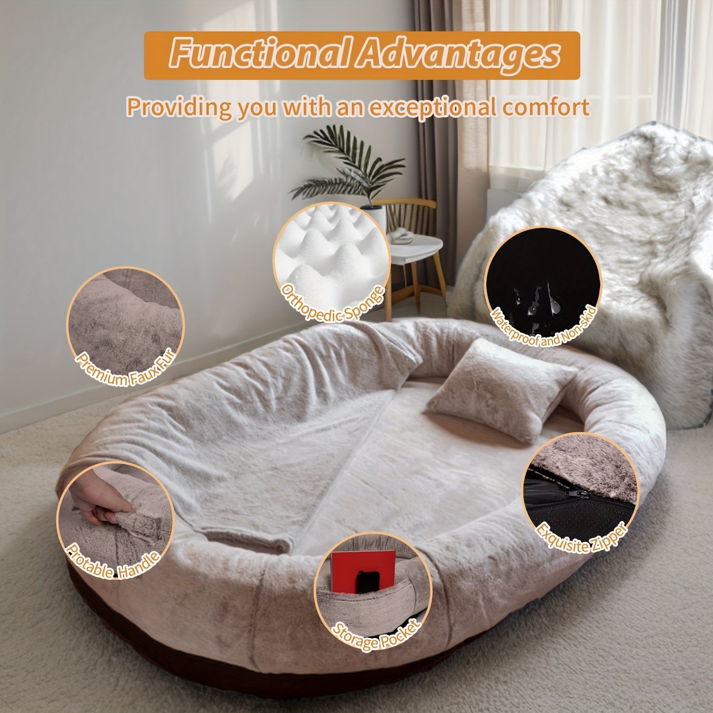 Cozy Human-Sized Dog Bed For All Breeds 71x45 Faux Fur Orthopedic Nap Bed