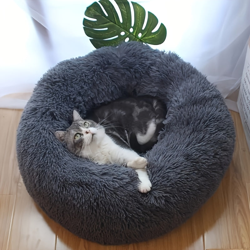 Plush Round Pet Bed - Warm Velvet Non-Slip Donut Bed