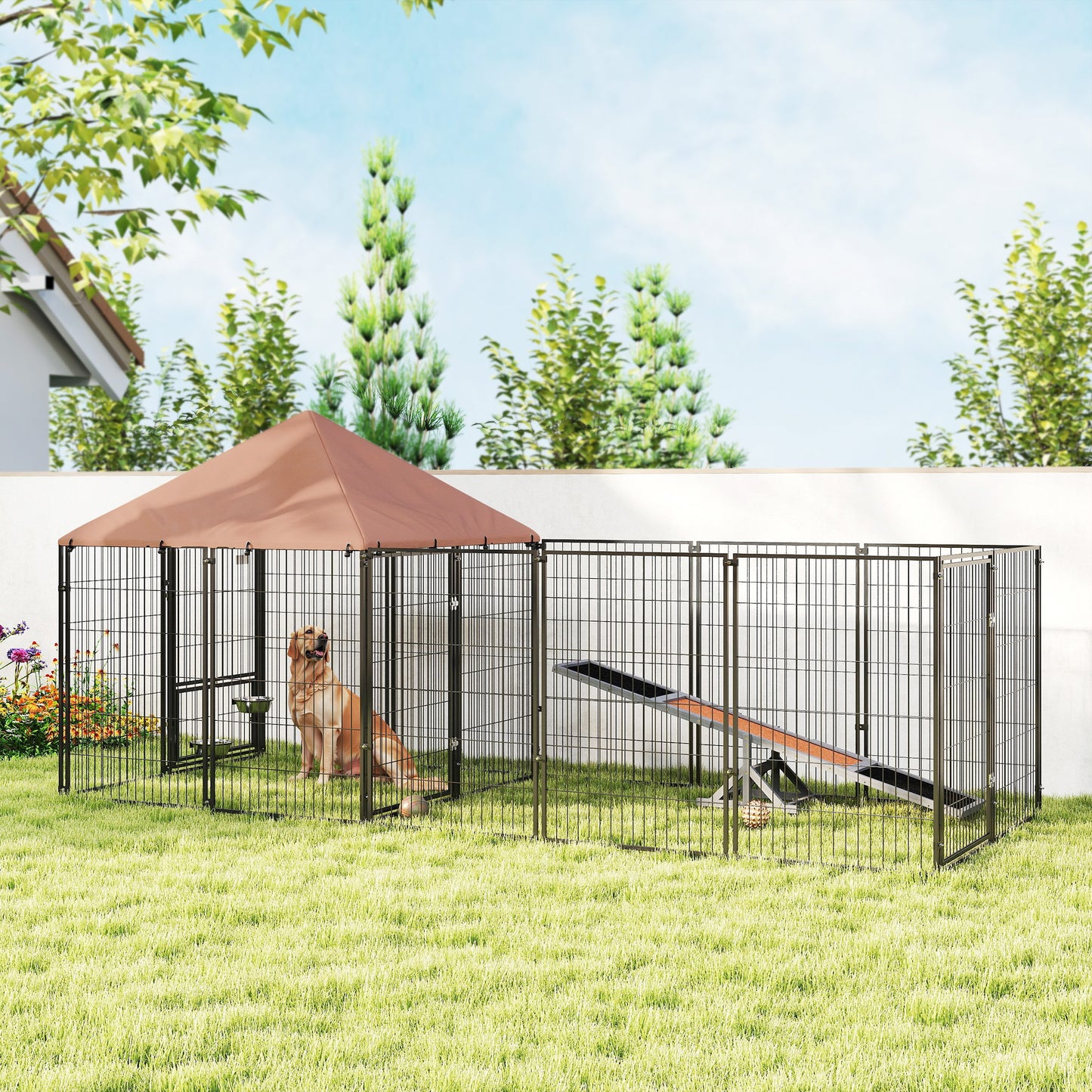 Large Outdoor Dog Kennel with Adjustable Bowls and Canopy