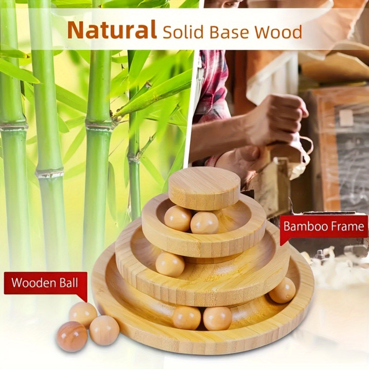 1pc Natural Bamboo Wood Cat Ball Track Rolling Toy Medium Size