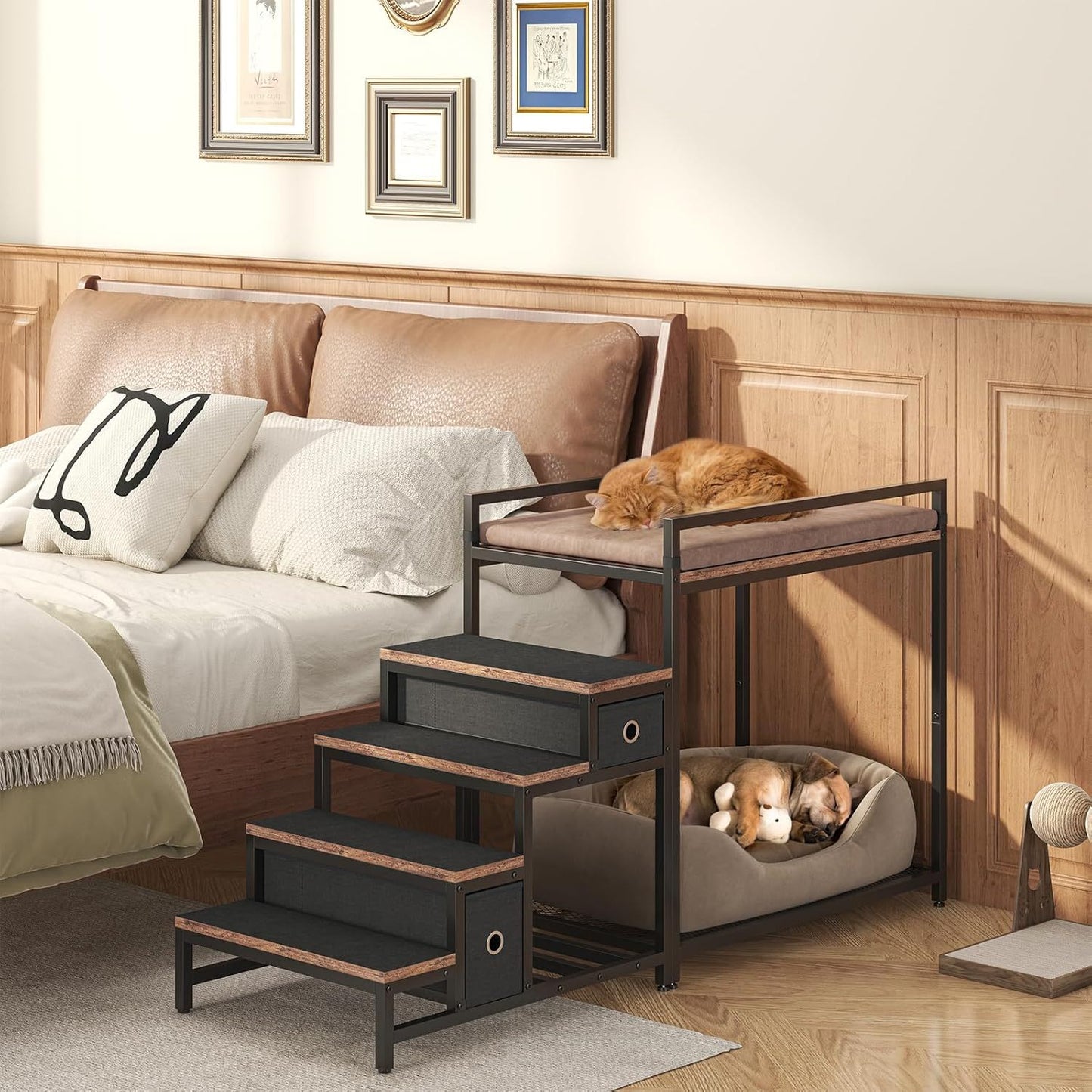 Pet Bunk Bed with Stairs and Storage for Dogs and Cats