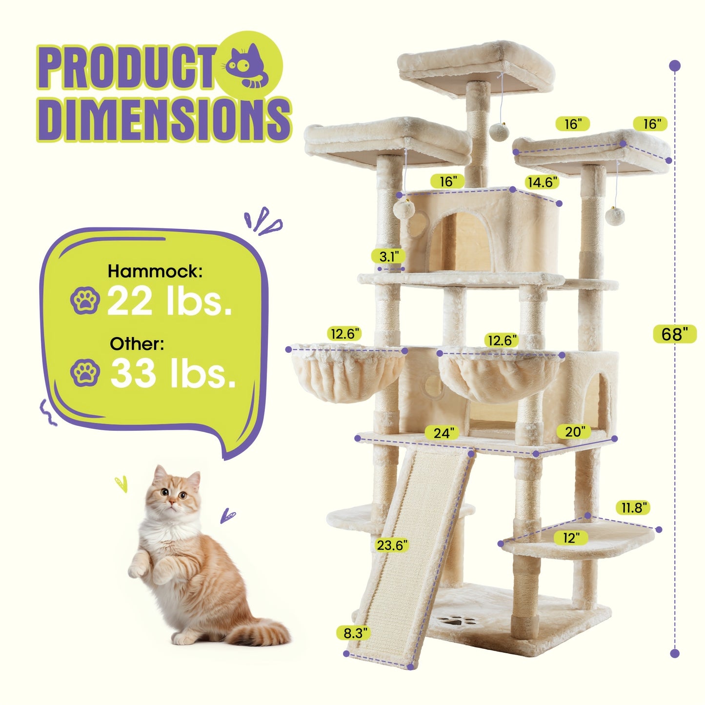 WEWAY Multi-Level Cat Tree Tower with Scratching Posts and Hammock