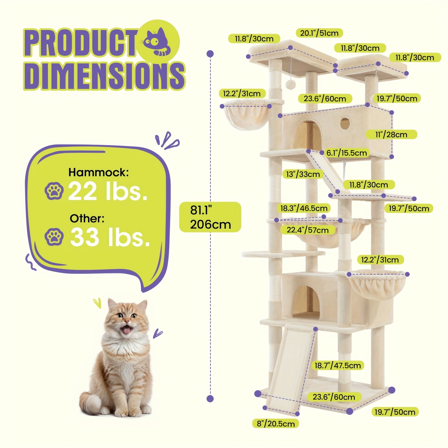 WEWAY Multi-Level Cat Tree Tower with Scratching Posts and Hammock