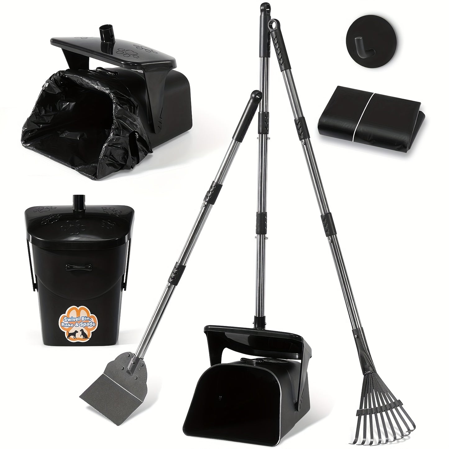 Rotating Dog Poop Picker Kit with Rake and Waste Bags