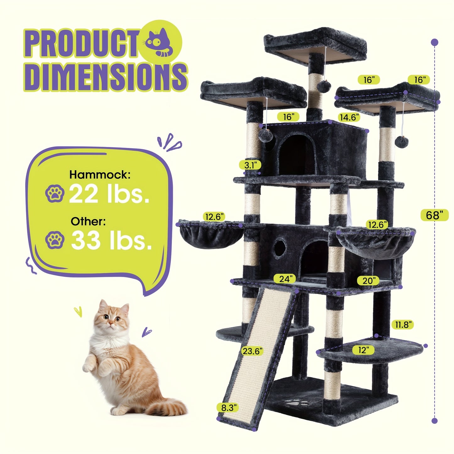 WEWAY Multi-Level Cat Tree Tower with Scratching Posts and Hammock